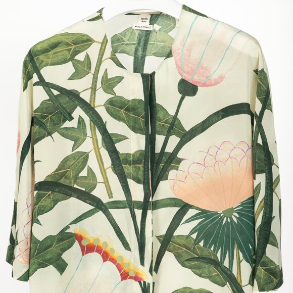 Hermes Cream & Green Silk Floral Buttoned Blouse - Picture 3 of 11